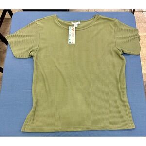 Currants by Jeri Jo Ribbed Knit Short Sleeve Top Olive Green Size Large NEW NWT